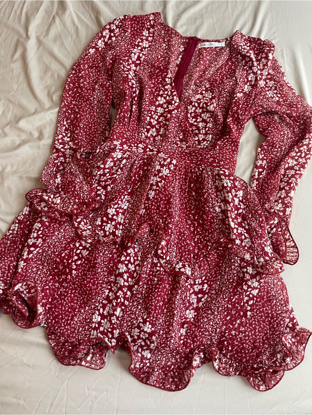 Long-Sleeve Red Floral Ruffle Day Dress